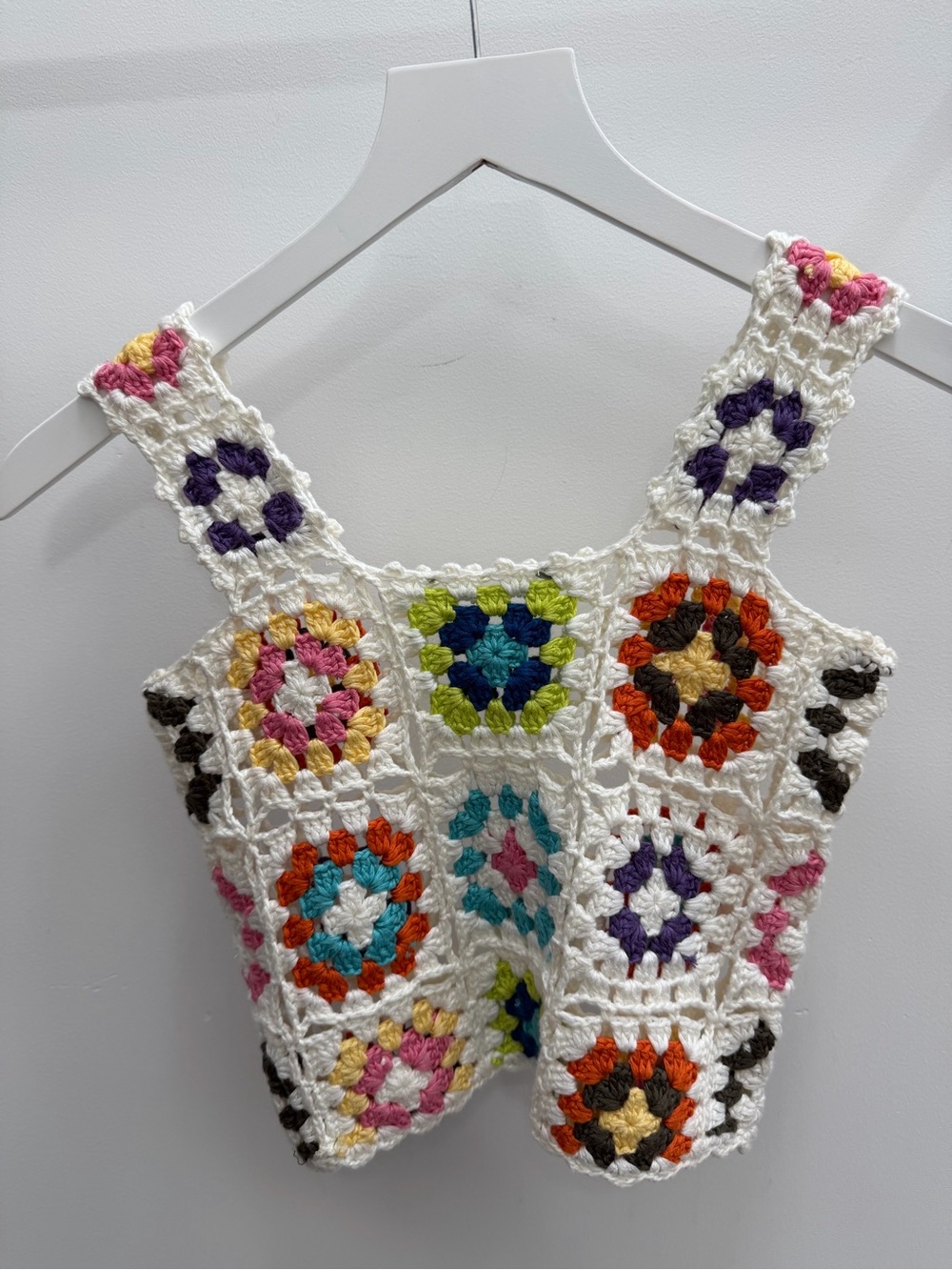 Girls Crochet Square Tank Top - White with Multicolor Floral Squares